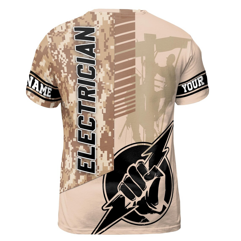Customize Name Electrician Hand Lightning Skilled Labor Industrial Art Camo Pattern 3D T-Shirt (S-5XL)