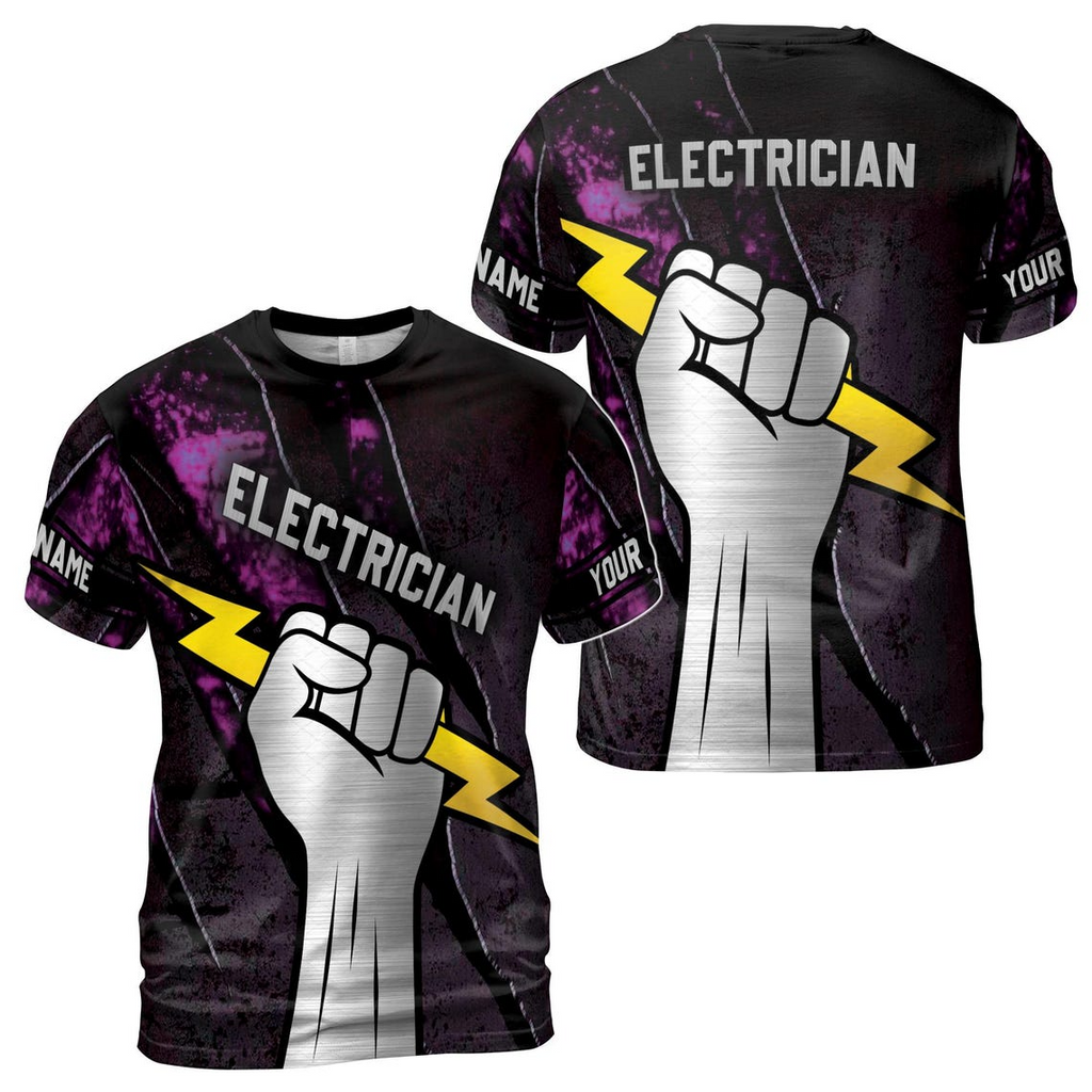 Customize Name Electrician Lightning In Hand Black Purple 3D T-Shirt (S-5XL)