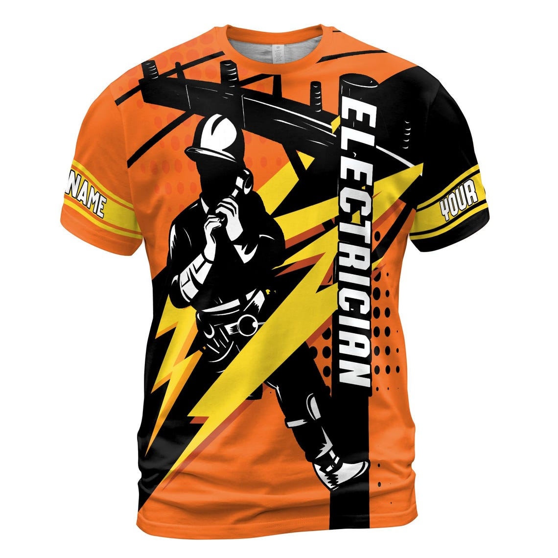 Custom Name Electrician T-Shirt: Lightning Strike Skilled Labor, Orange Industrial Art 3D (S-5XL)