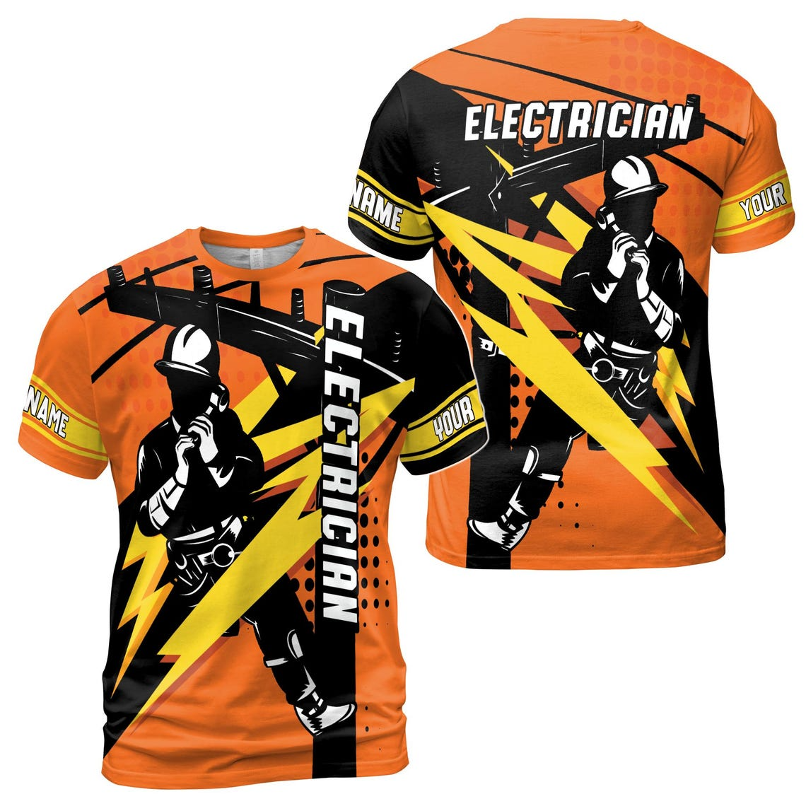 Custom Name Electrician T-Shirt: Lightning Strike Skilled Labor, Orange Industrial Art 3D (S-5XL)