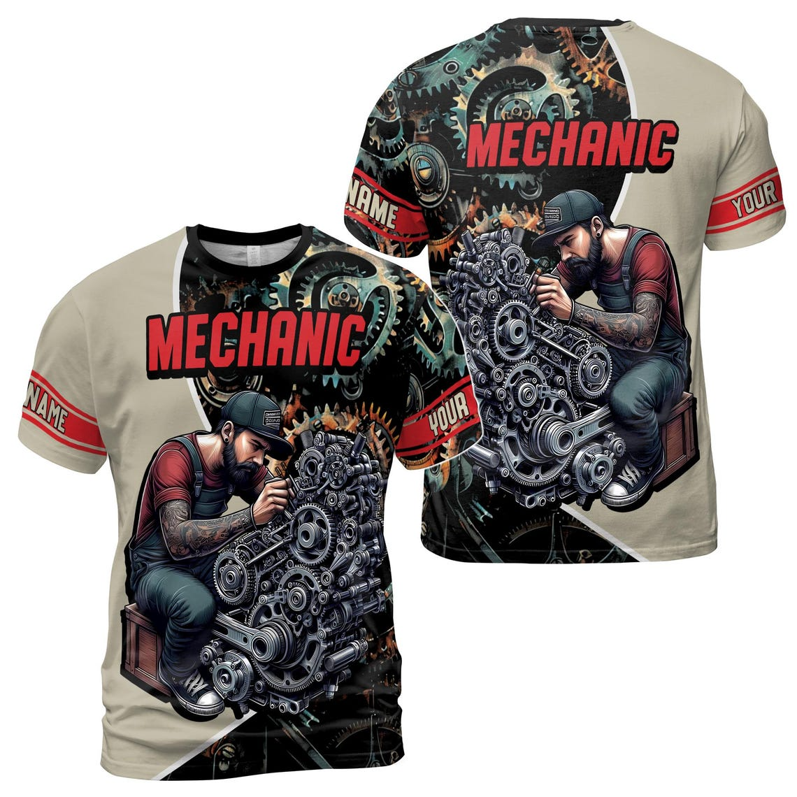Personalized Mechanic T-Shirt: Wrench & Gears 3D Design (S-5XL)