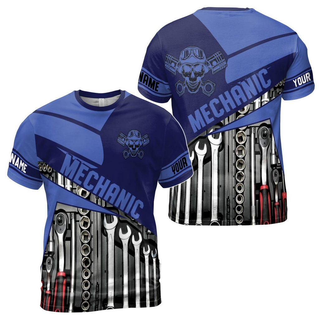 Customize Name Mechanic Tools Skull Skilled Labor Industrial Art Blue 3D T-Shirt (S-5XL)
