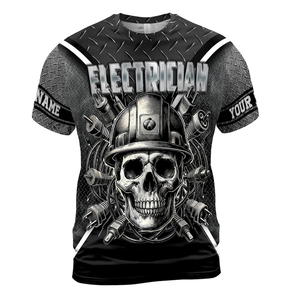 Customize Name Electrician Skull Helmet Plugs Metal Pattern Gray 3D T-Shirt (S-5XL)