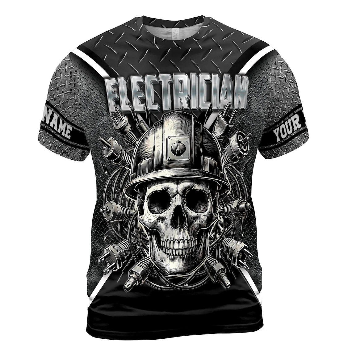 Customize Name Electrician Skull Helmet Plugs Metal Pattern Gray 3D T-Shirt (S-5XL)