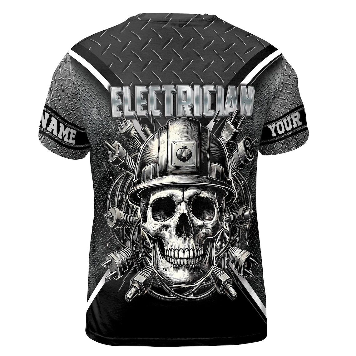Customize Name Electrician Skull Helmet Plugs Metal Pattern Gray 3D T-Shirt (S-5XL)