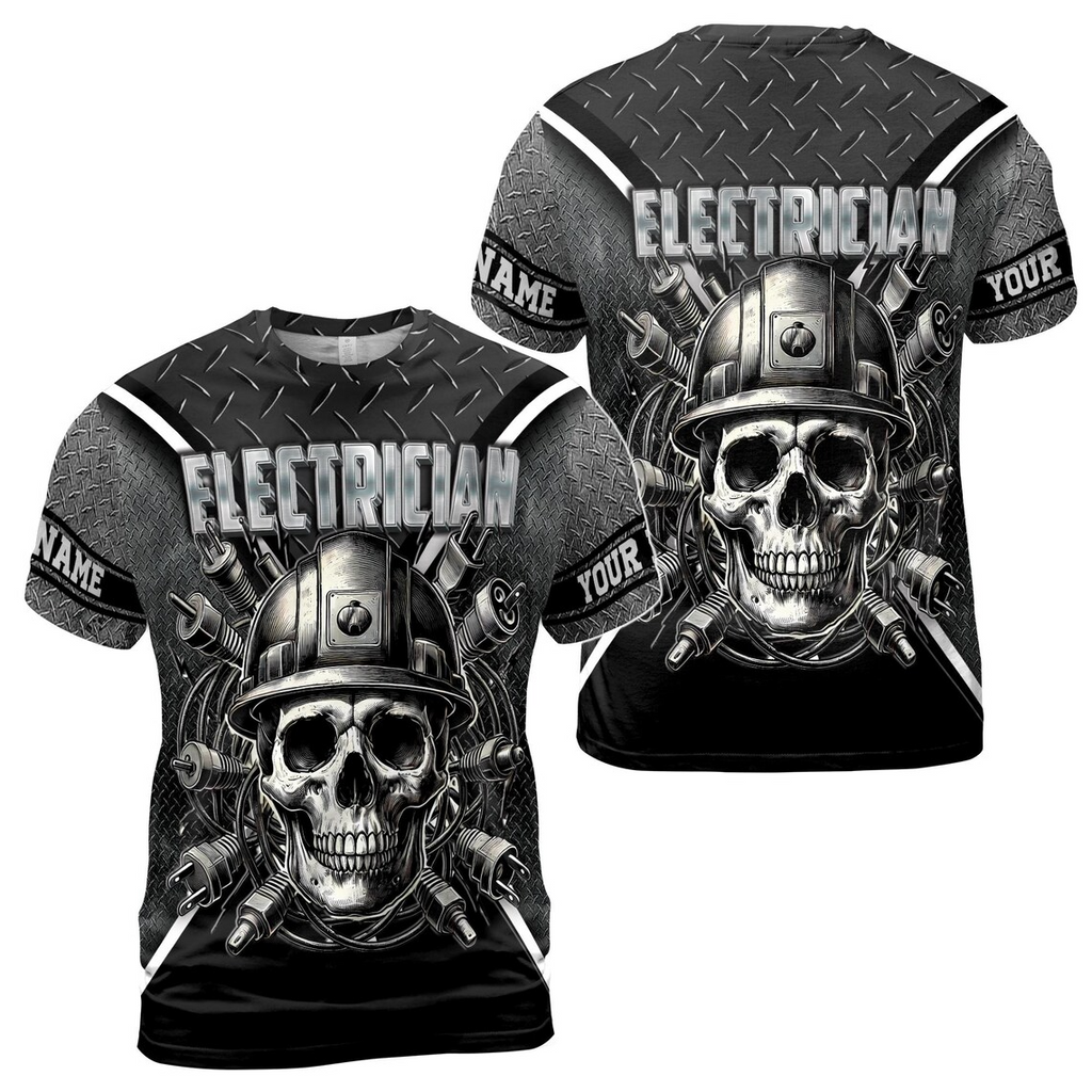 Customize Name Electrician Skull Helmet Plugs Metal Pattern Gray 3D T-Shirt (S-5XL)