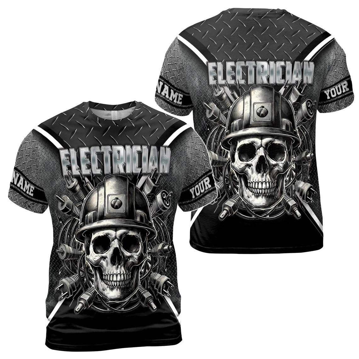 Customize Name Electrician Skull Helmet Plugs Metal Pattern Gray 3D T-Shirt (S-5XL)
