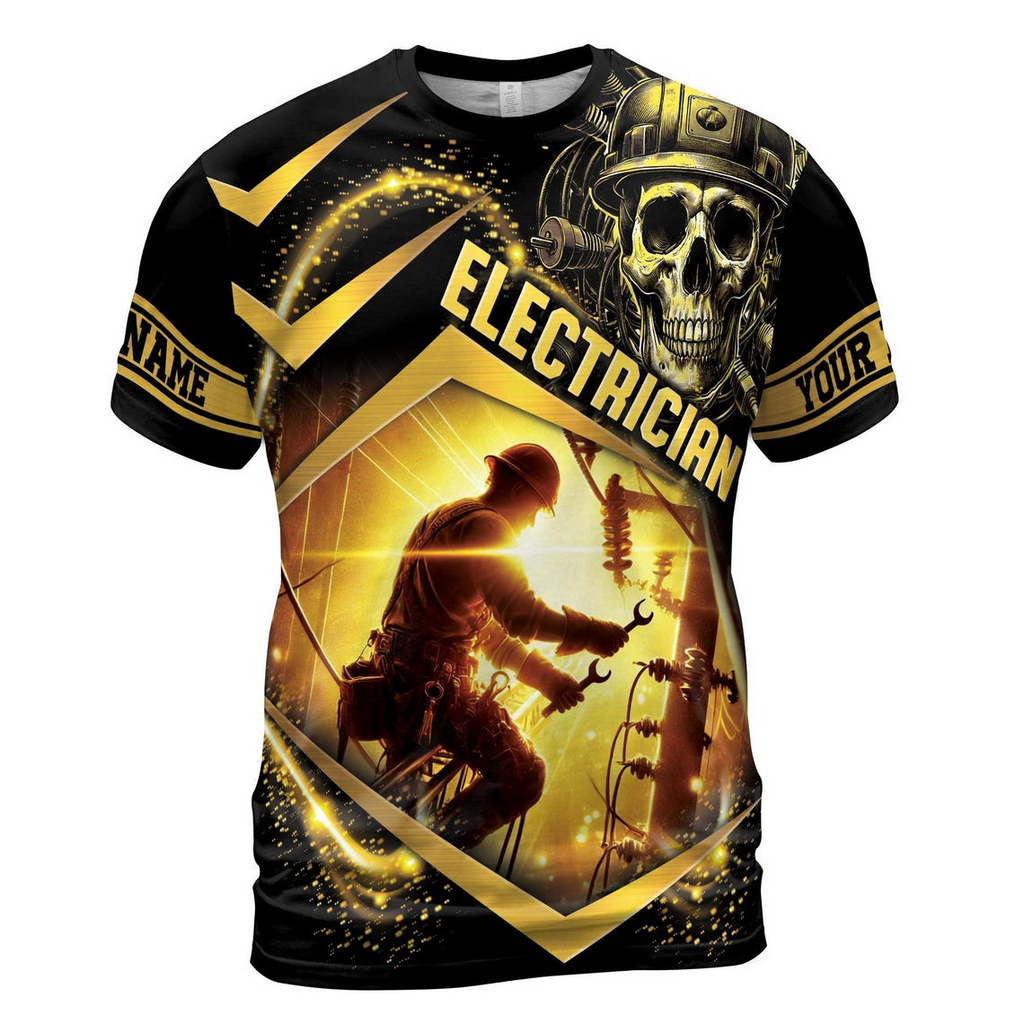 Customize Name Electrician Sunlight Skull Helmet Spark Pattern Black Gold 3D T-Shirt (S-5XL)