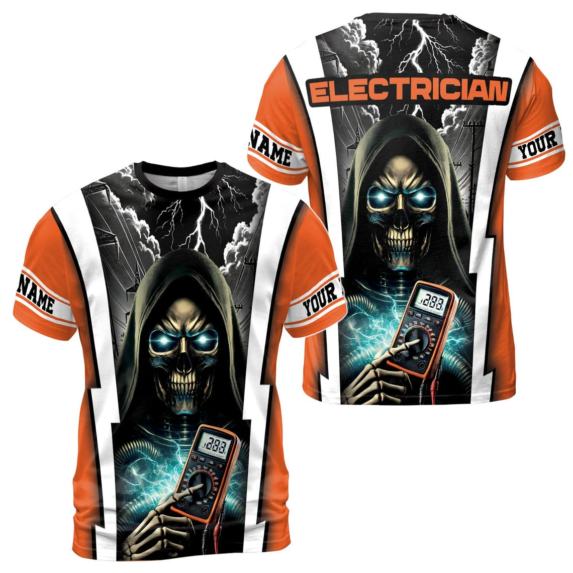 Customize Name Electrician Grim Reaper Multimeter Lightning Sky Industrial Art Orange 3D T-Shirt (S-5XL)