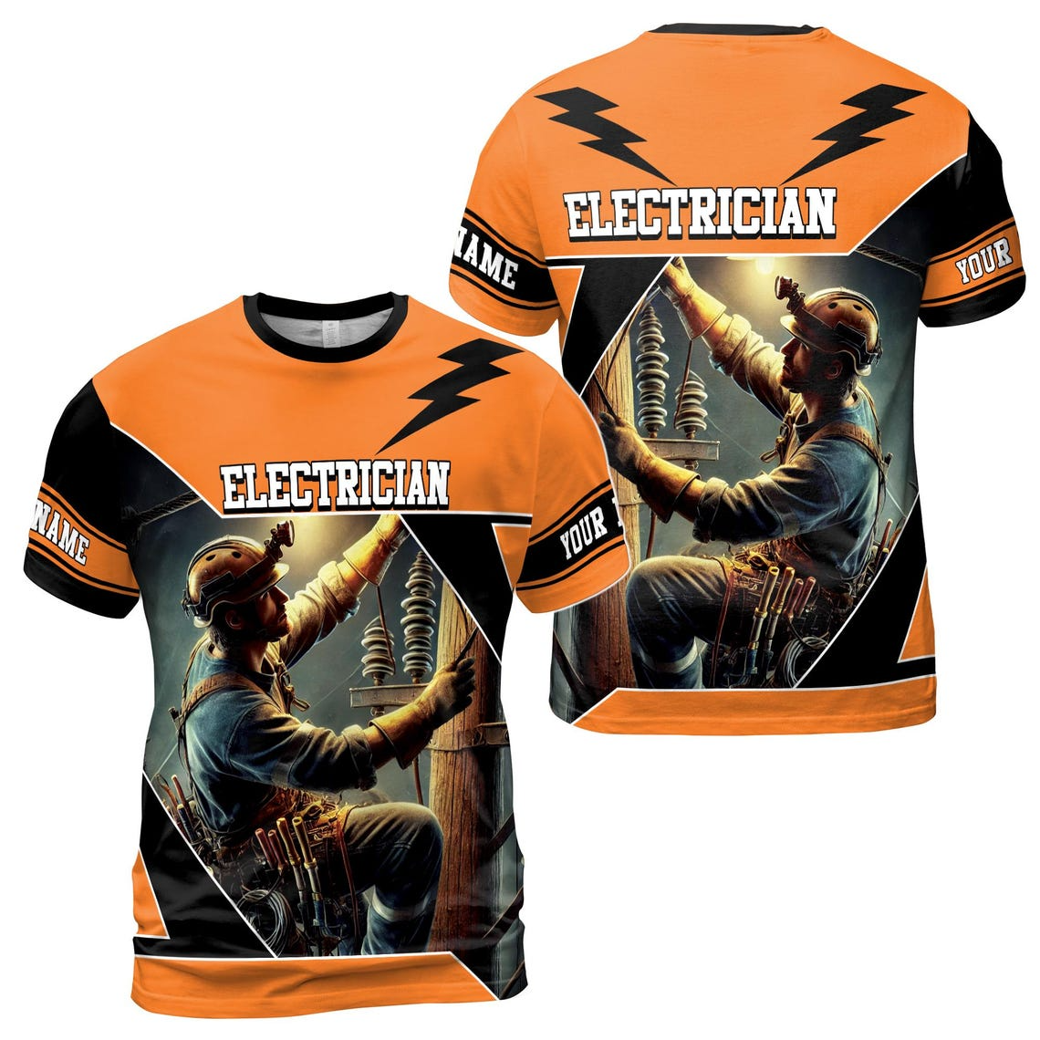 Customize Name Electrician Fixing Powerline Lightning Industrial Art Bold Orange 3D T-Shirt (S-5XL)