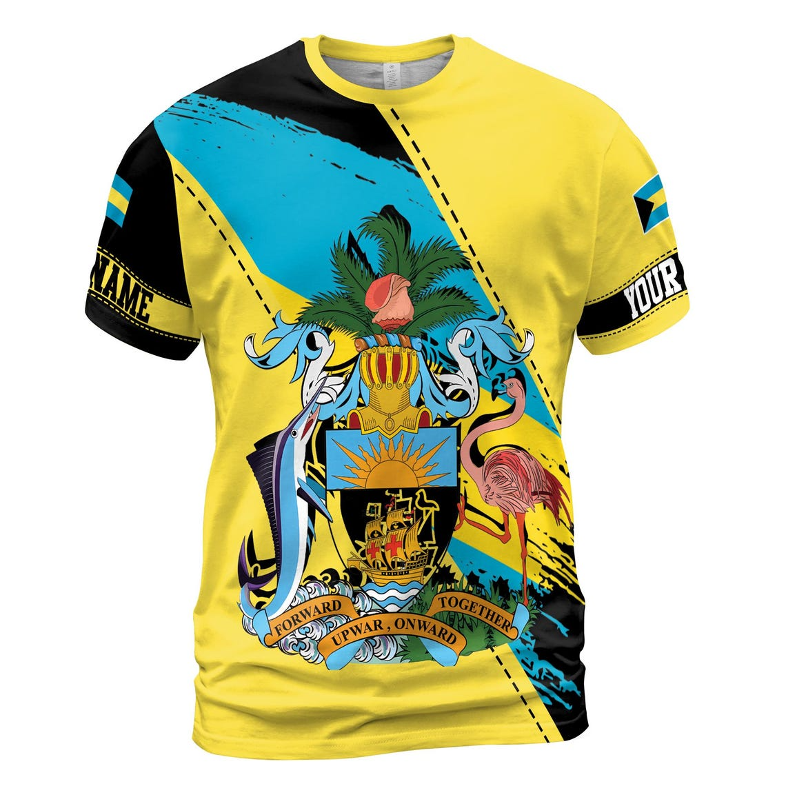 Bahamas Emblem 3D T-Shirt: Customize Team Name, Patriotic Design (S-5XL)