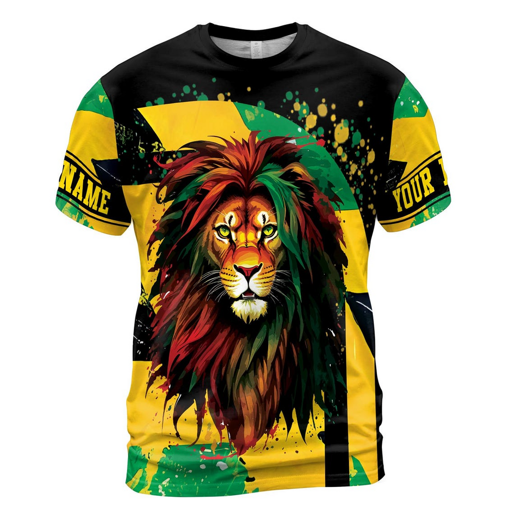 Customize Name Jamaica Flag Lion Paint Splashes Colorful 3D T-Shirt (S-5XL)