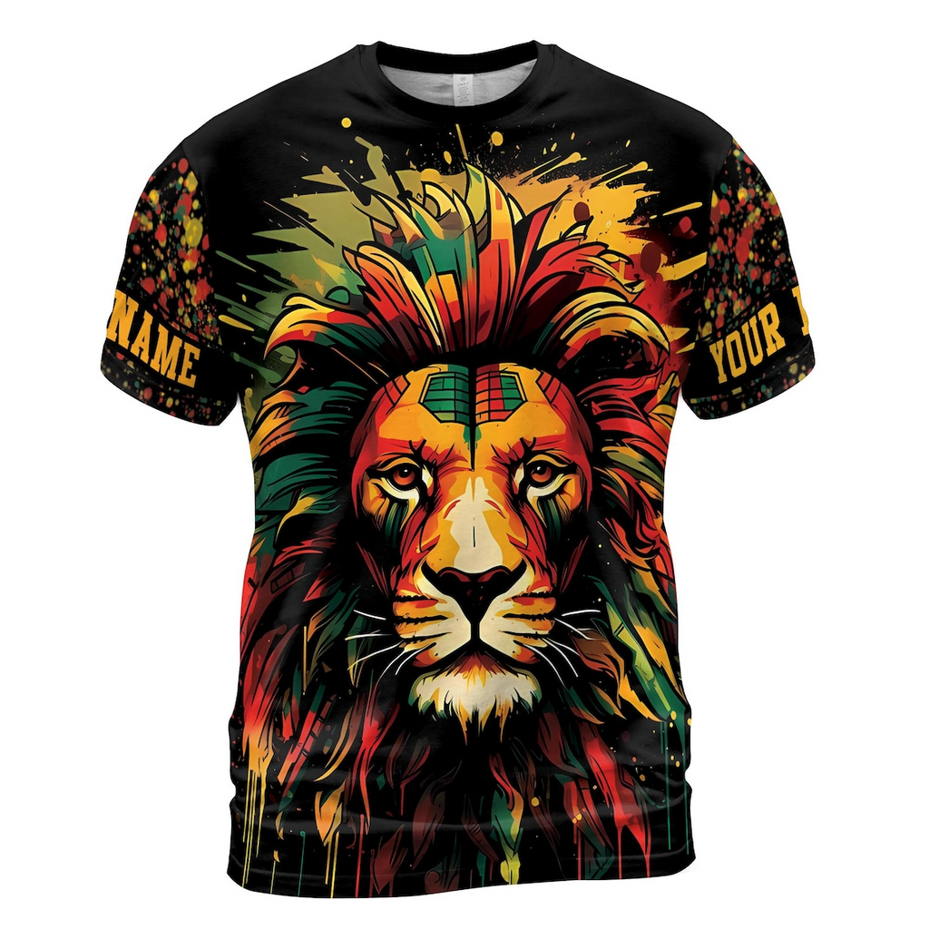 Customize Name Jamaica Flag Paint Splashes Lion Black Green Yellow 3D T-Shirt (S-5XL)