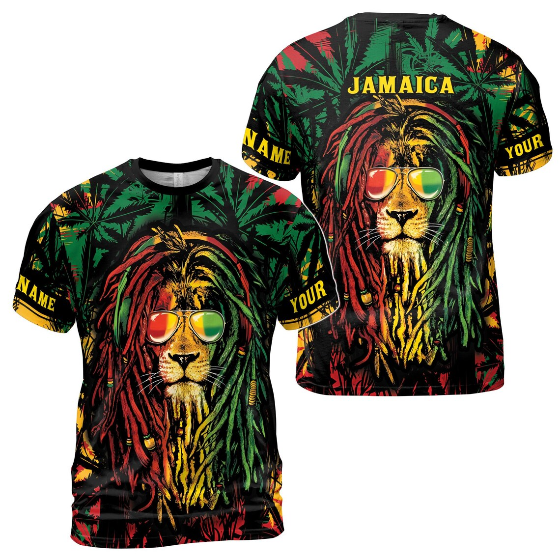 Customize Name Jamaican Flag Rasta Sunglasses Lion Leaves Pattern Colorful 3D T-Shirt (S-5XL)