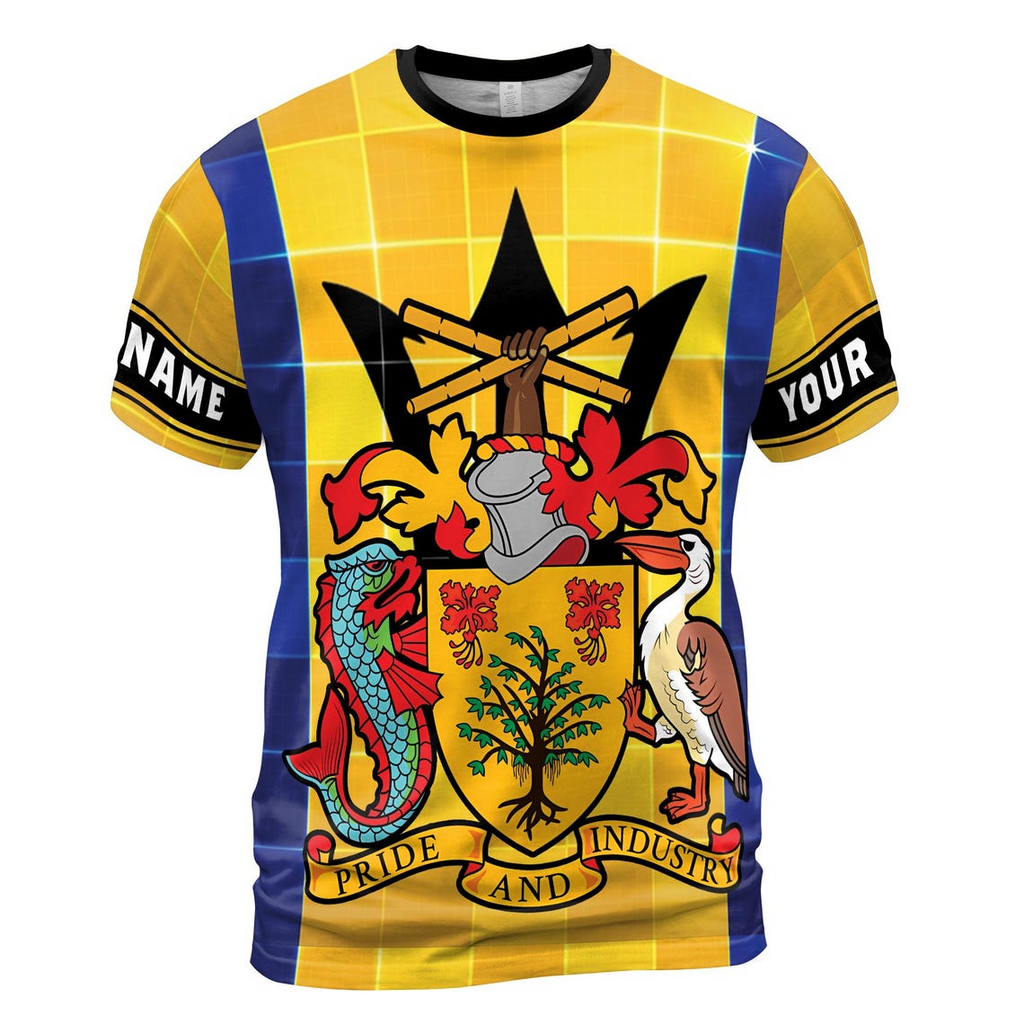 Customize Name Barbados Flag Coat Of Arms Tiles Pattern Yellow Blue 3D T-Shirt (S-5XL)