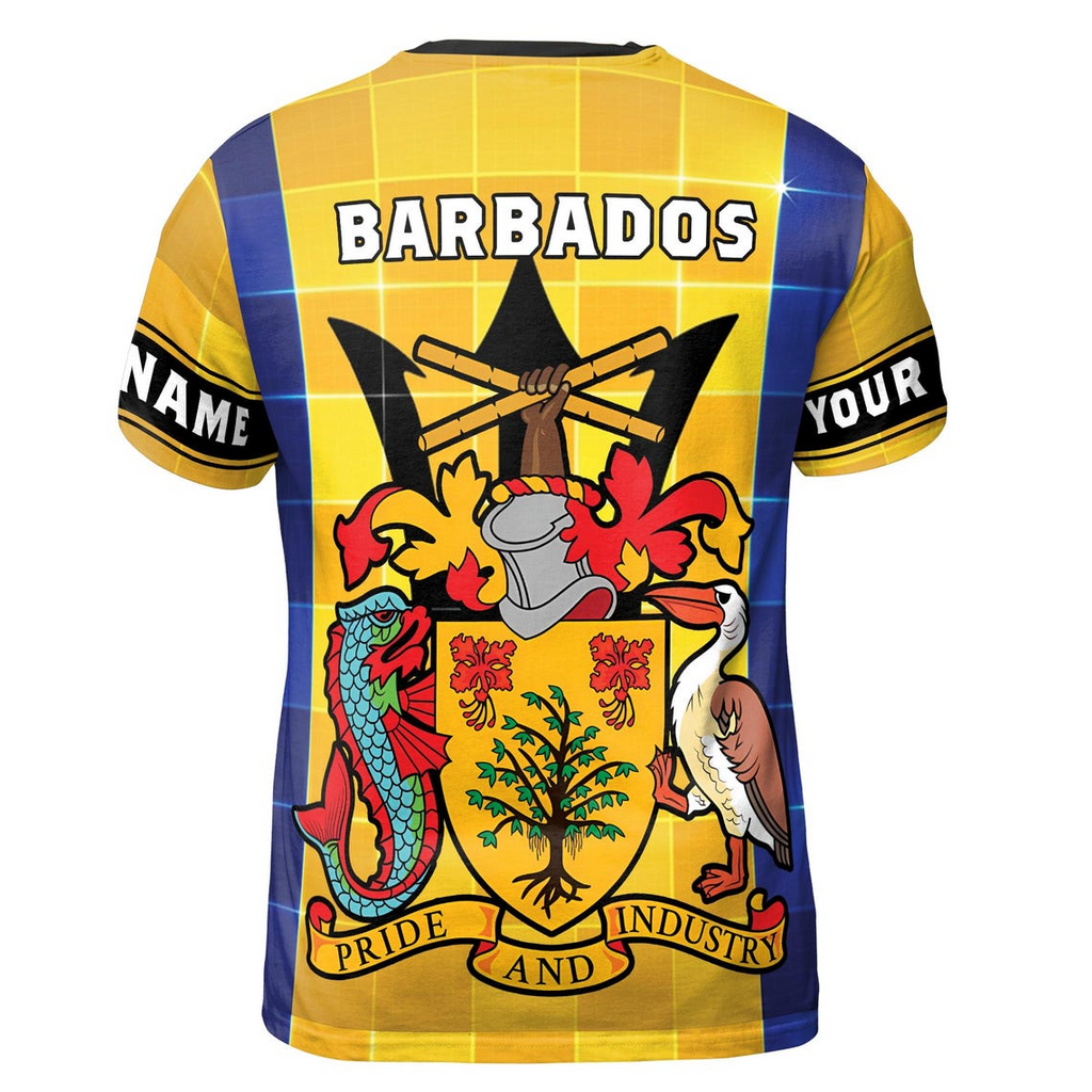 Customize Name Barbados Flag Coat Of Arms Tiles Pattern Yellow Blue 3D T-Shirt (S-5XL)