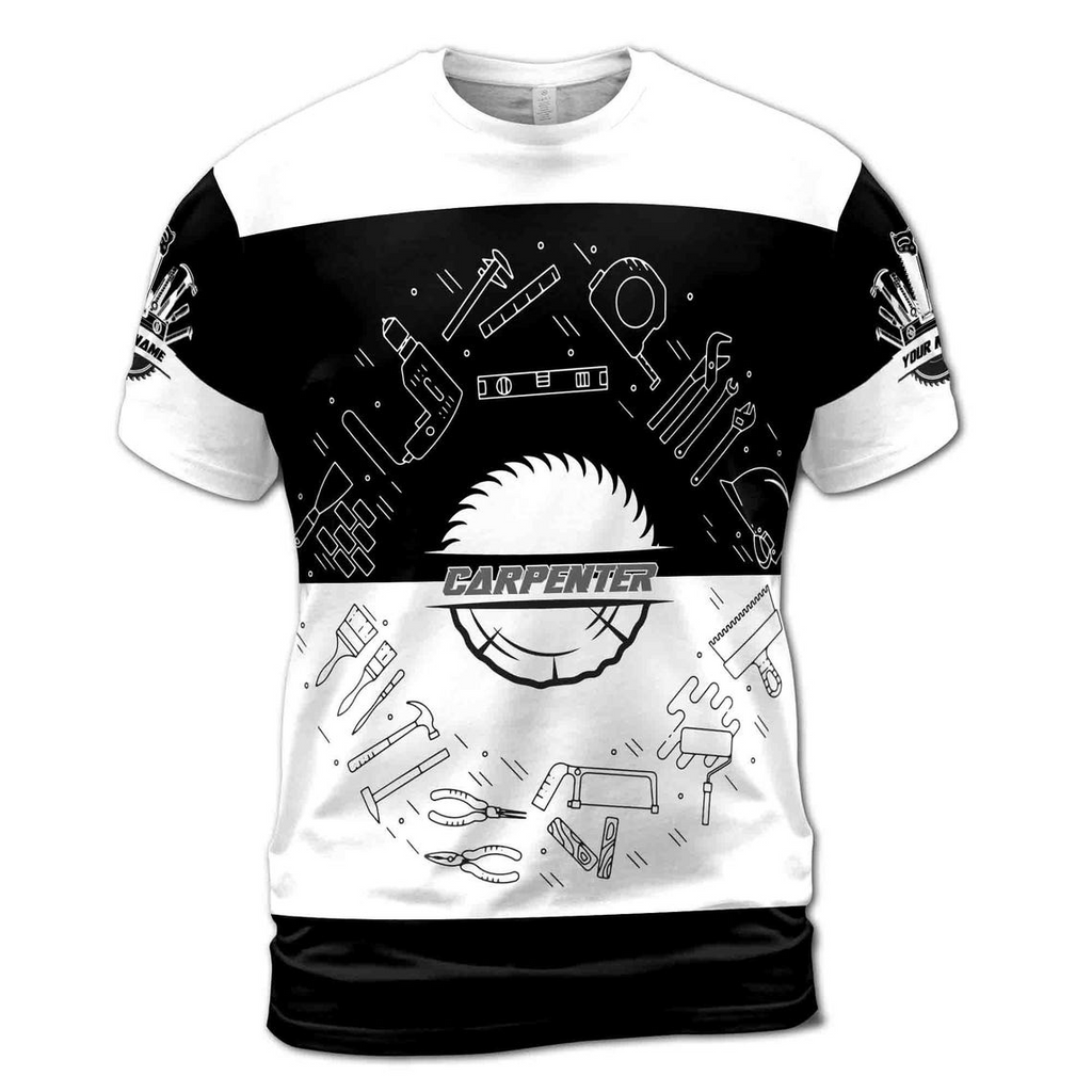 Customize Name Carpenter Tools Saw Circle Woodworking Black White 3D T-Shirt (S-5XL)