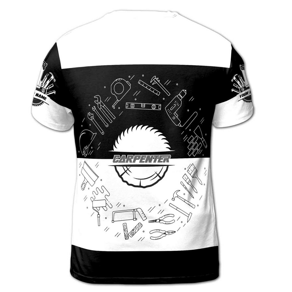 Customize Name Carpenter Tools Saw Circle Woodworking Black White 3D T-Shirt (S-5XL)