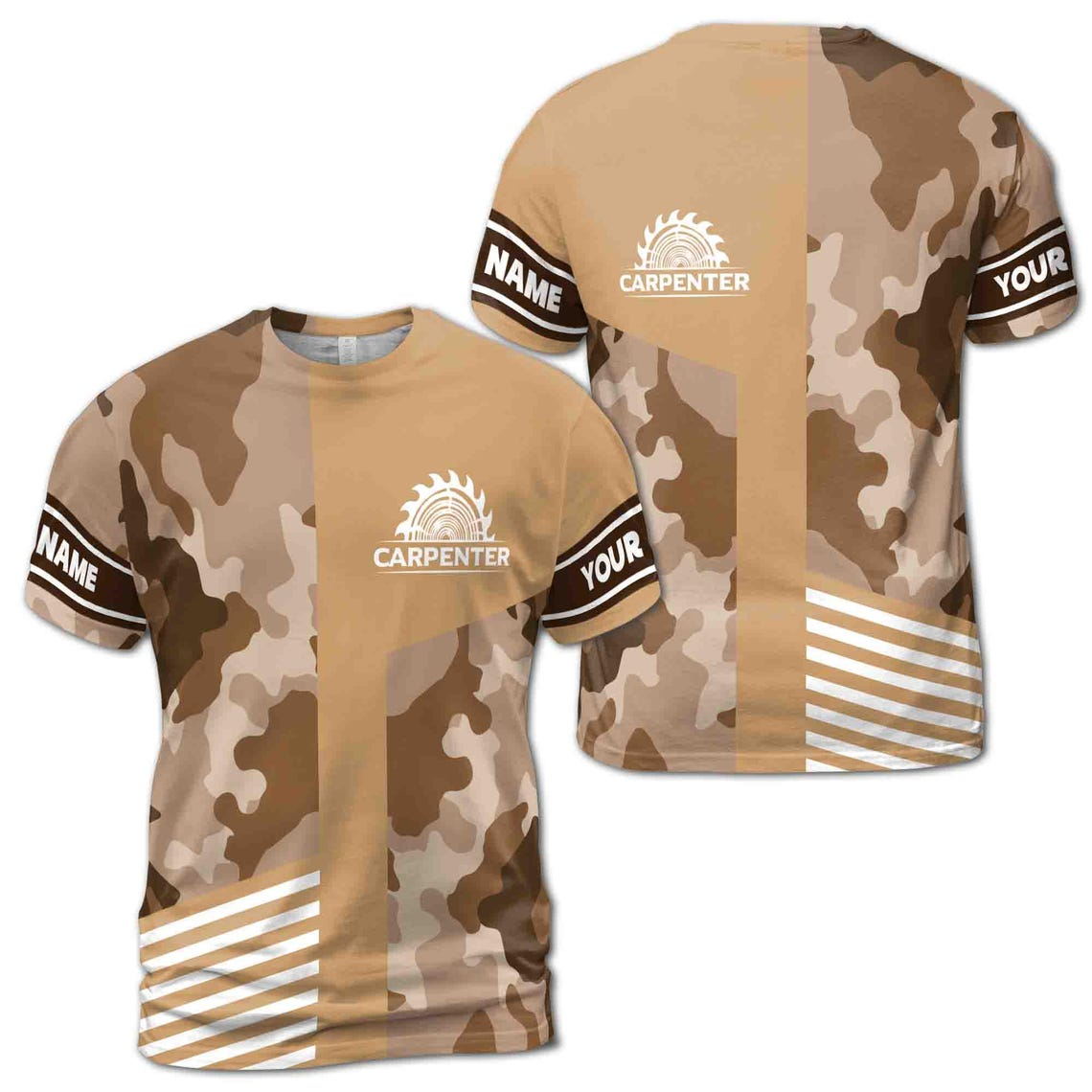 Customize Name Carpenter Saw Woodworking Industrial Art Camo Pattern Brown 3D T-Shirt (S-5XL)