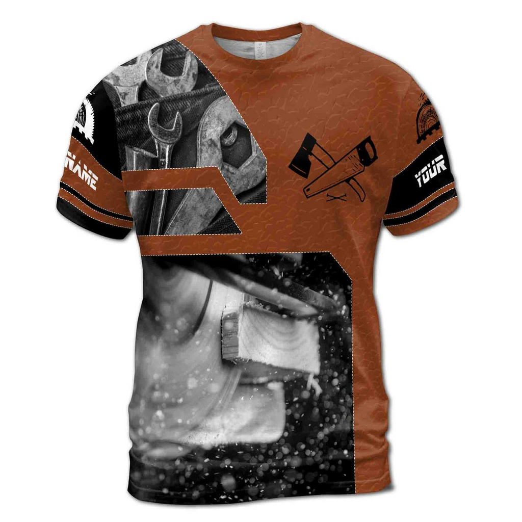 Customize Name Carpenter Saw Axe Woodworking Leather Pattern Brown Black White 3D T-Shirt (S-5XL)