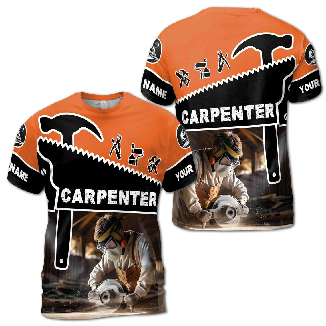 Custom Name Carpenter Tools Woodworking Saw Workbench Black Orange 3D T-Shirt (S-5XL)