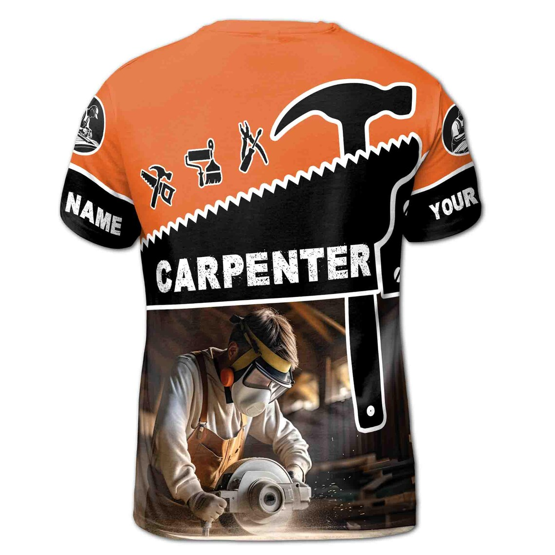 Custom Name Carpenter Tools Woodworking Saw Workbench Black Orange 3D T-Shirt (S-5XL)