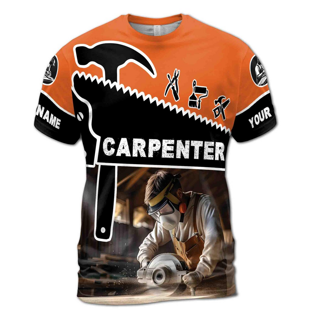 Custom Name Carpenter Tools Woodworking Saw Workbench Black Orange 3D T-Shirt (S-5XL)