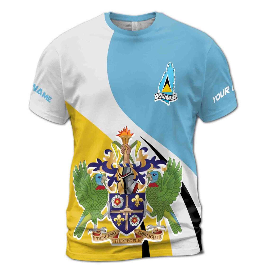 Customize Name Saint Lucia Flag The Land The People The Light Blue White Yellow 3D T-Shirt (S-5XL)