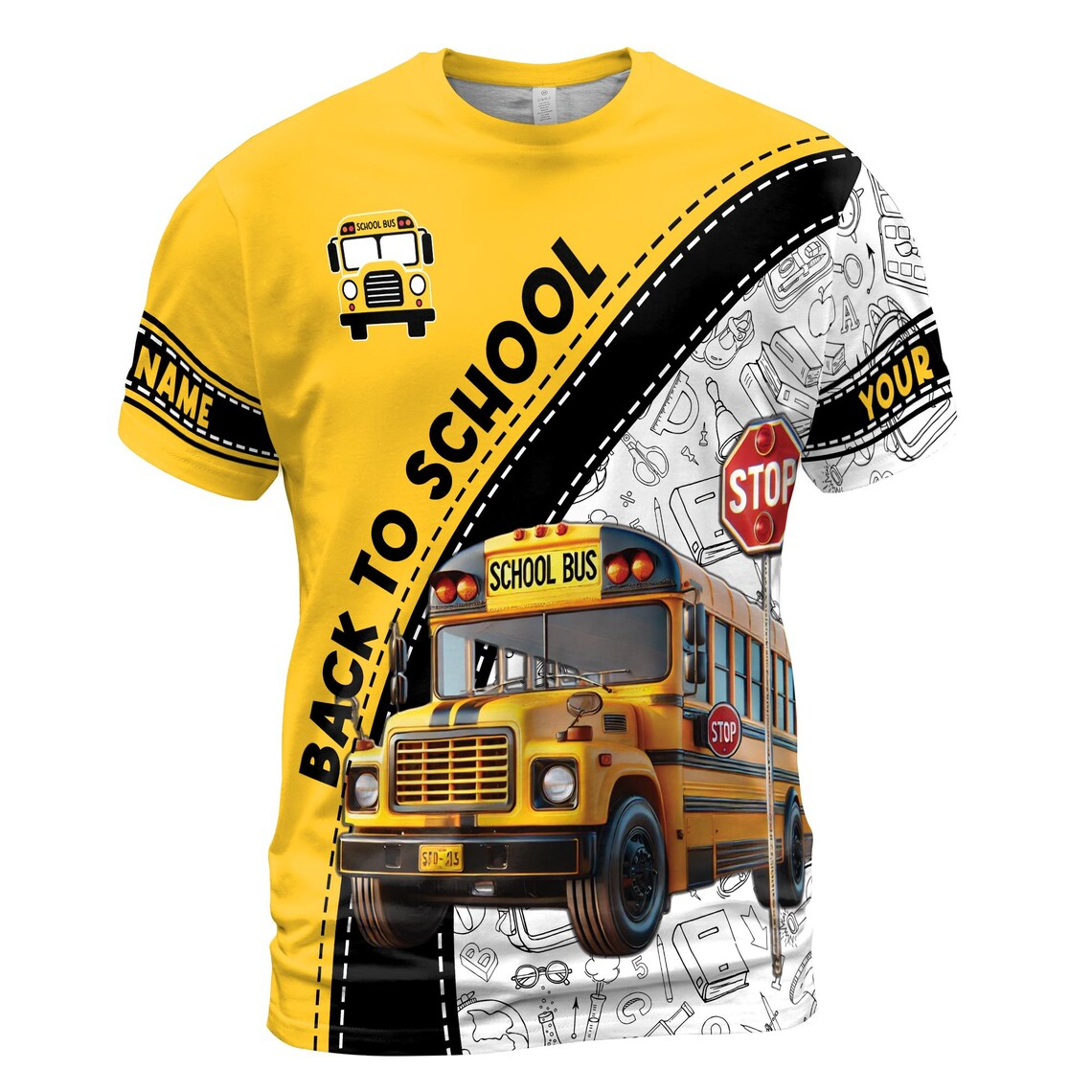 Custom Name Back To School Bus T-Shirt: Sewing Lines Pattern 3D (S-5XL)