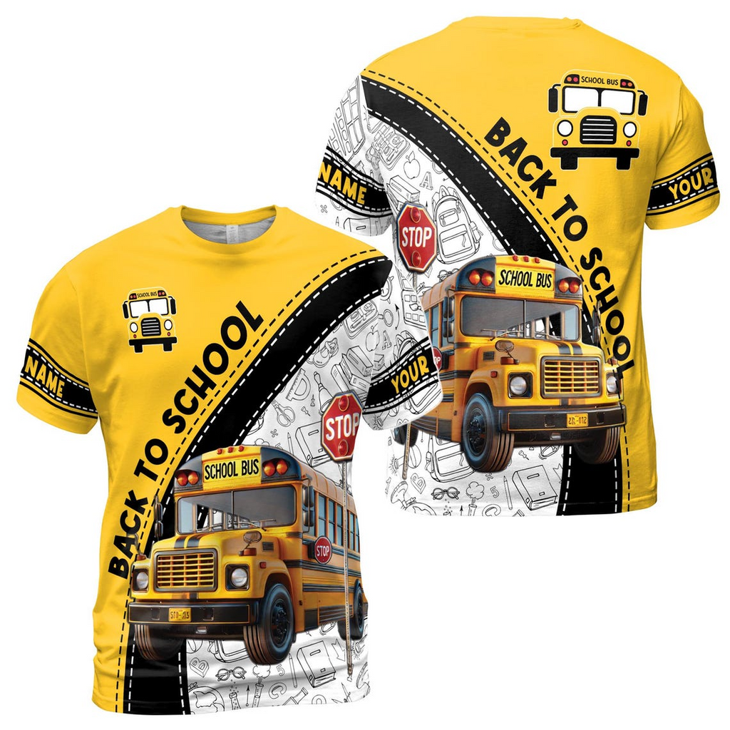 Custom Name Back To School Bus T-Shirt: Sewing Lines Pattern 3D (S-5XL)