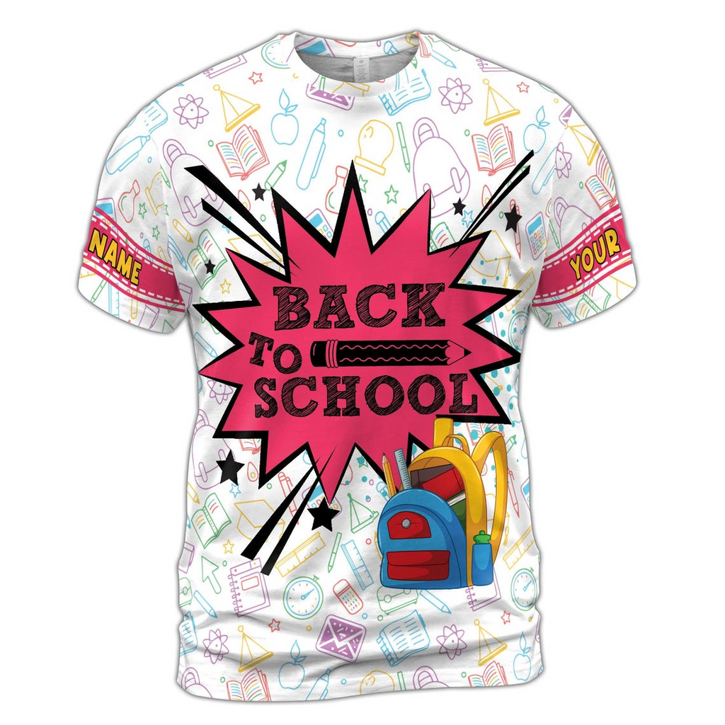 Customize Name Back To School Student Items Fun Cartoon Style White 3D T-Shirt S-5XL