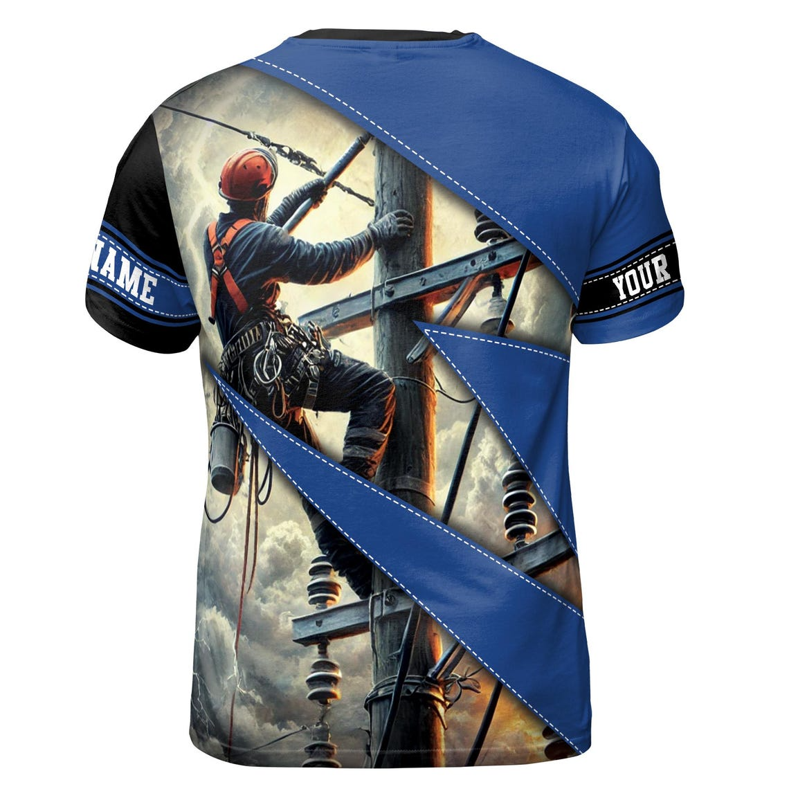 Customize Name Electrician Industrial Art Sewing Lines Pattern Blue 3D T-Shirt (S-5XL)