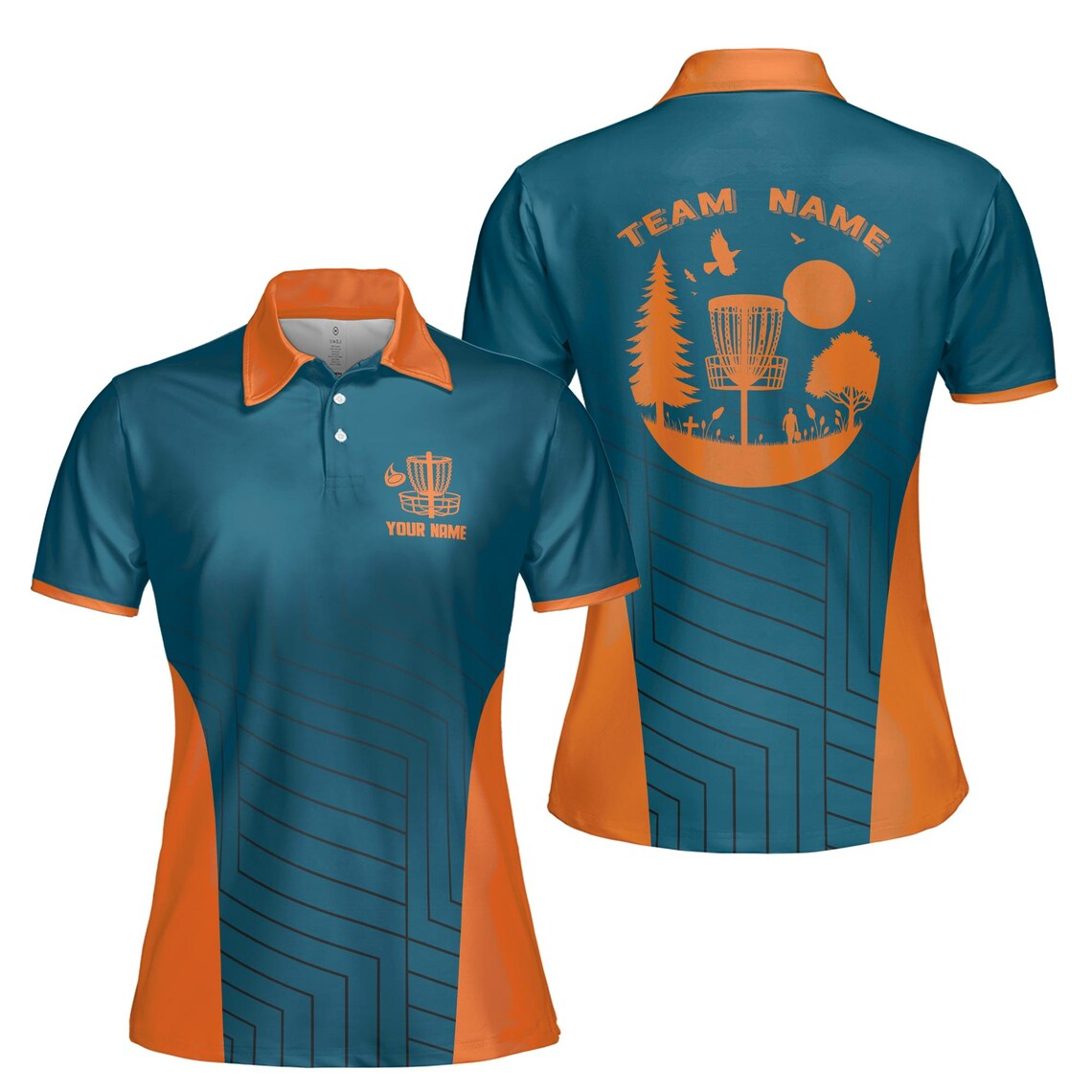 Customize Team Name Disc Golf Landscape Design Teal Orange Women's Polo Shirt (S-5XL)