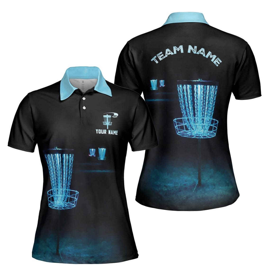 Customize Team Name Disc Golf Lighting Sport Black Blue Women's Polo Shirt (S-5XL)
