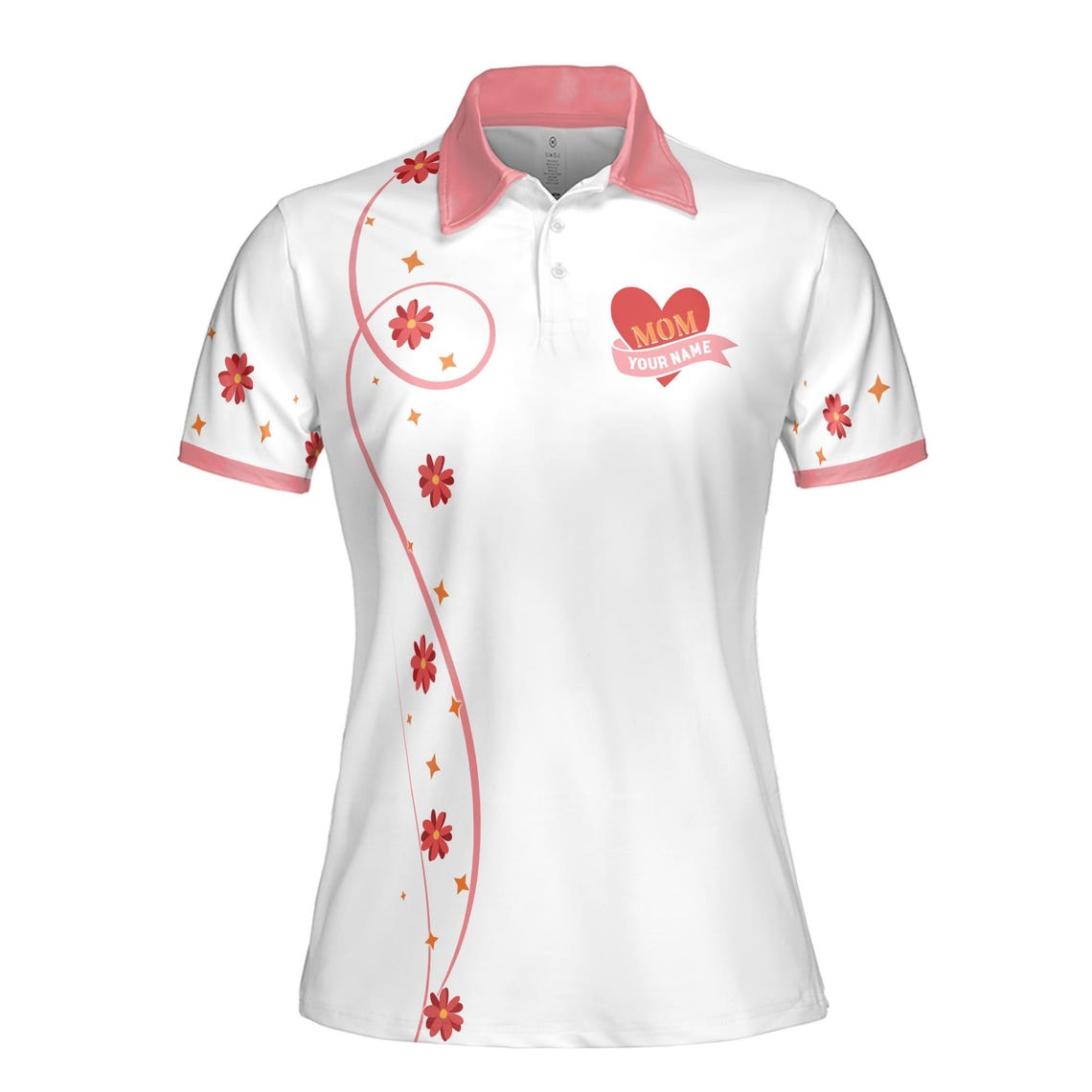 Customize Name Mom Heart Flowers Stars Maternal Love White Women's Polo Shirt (S-5XL)