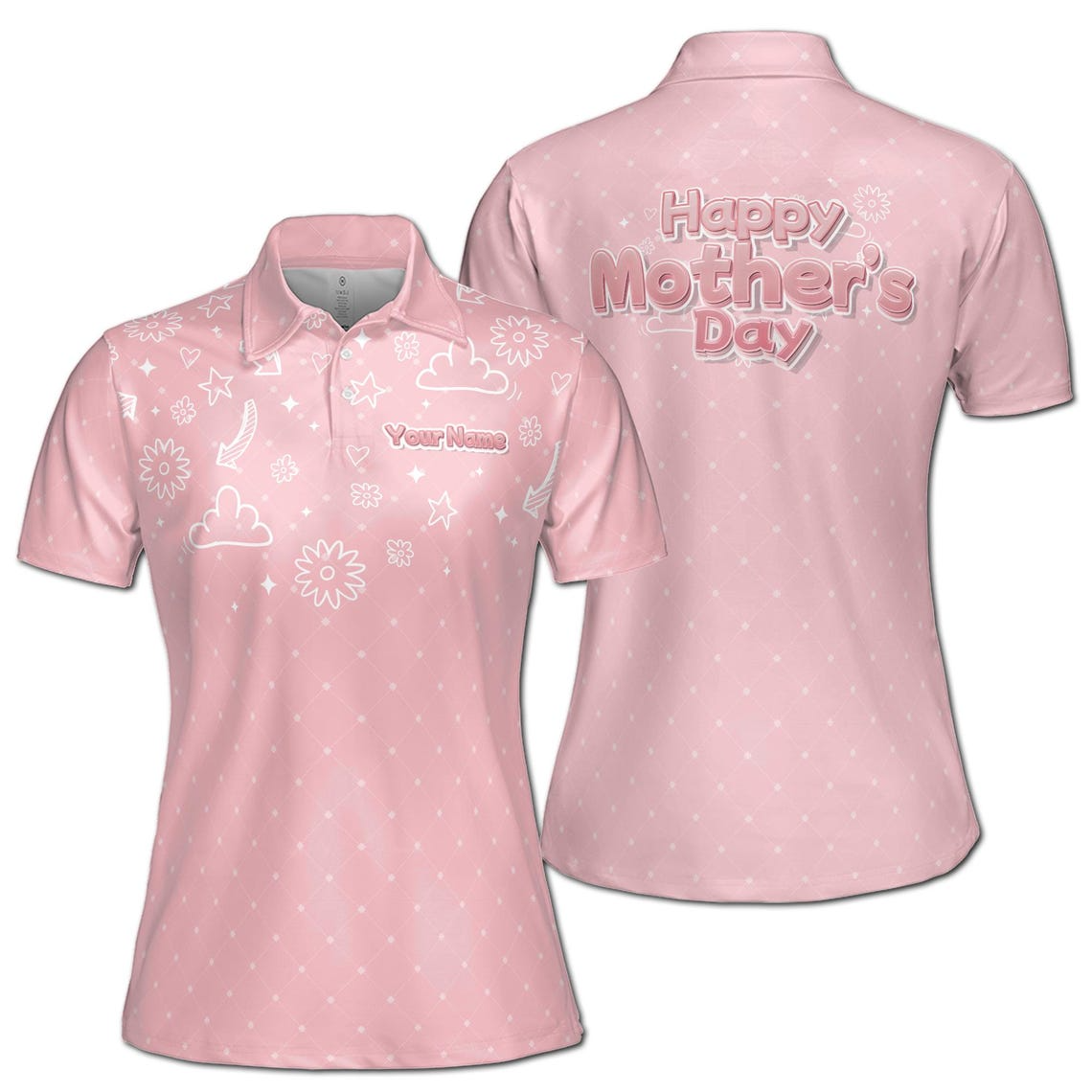 Custom Name Women's Pink Polo Shirt: Mother's Day Flowers Design