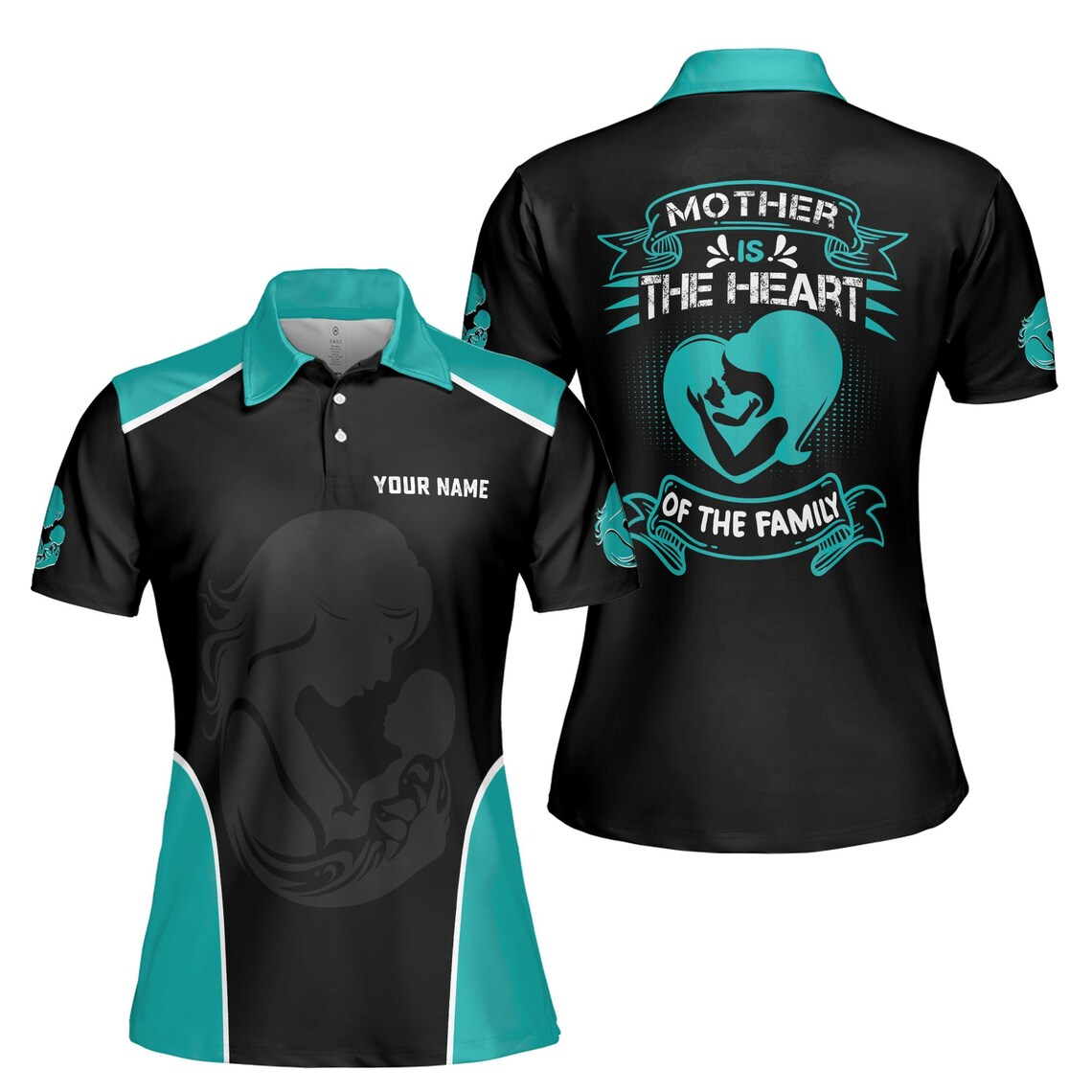 Custom 'Mother is the Heart' Polo Shirt - Teal & Black Women's Fit