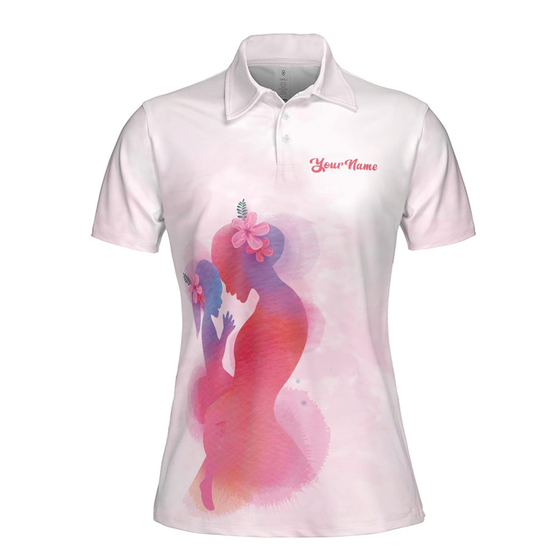 Personalized Mom Polo Shirt: Watercolor Child & Flowers Design
