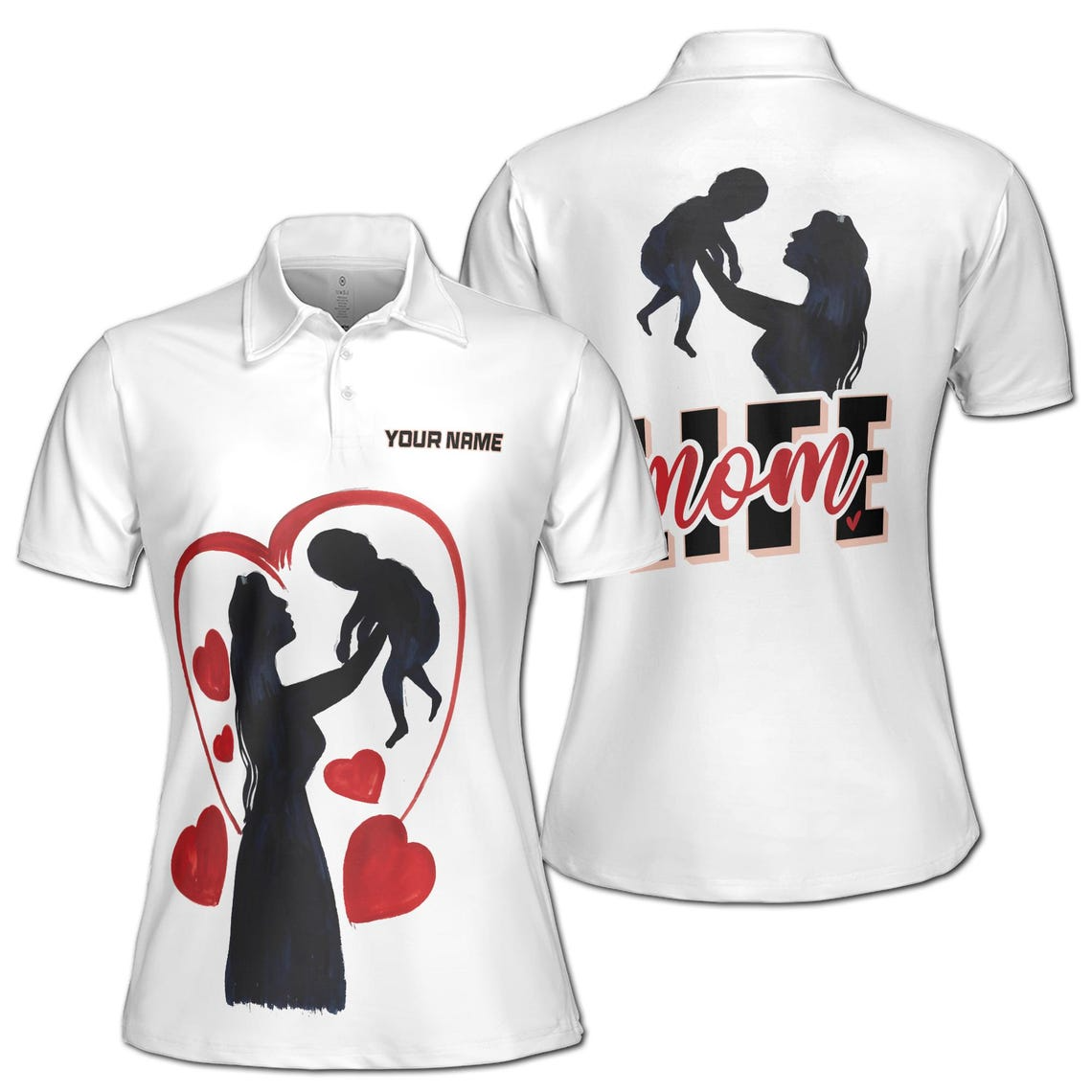 Customize Name Mom Hearts Baby Quote Life Mom White Women's Polo Shirt (S-5XL)