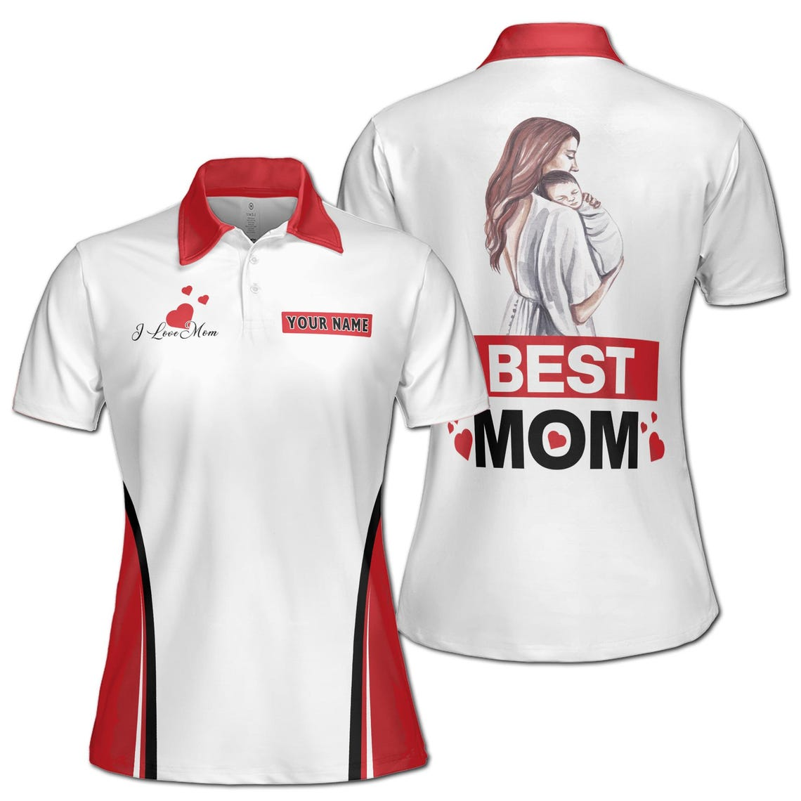 Custom Name Mom Polo Shirt: Hearts & Baby Quote, (S-5XL)
