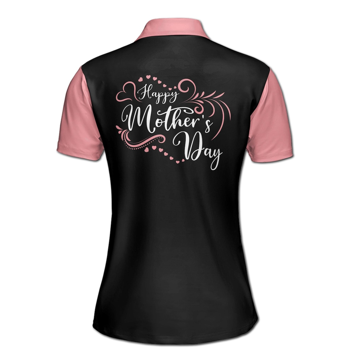 Customize Name Happy Mother Hearts Leaves Pattern Black Pink Women's Polo Shirt (S-5XL)