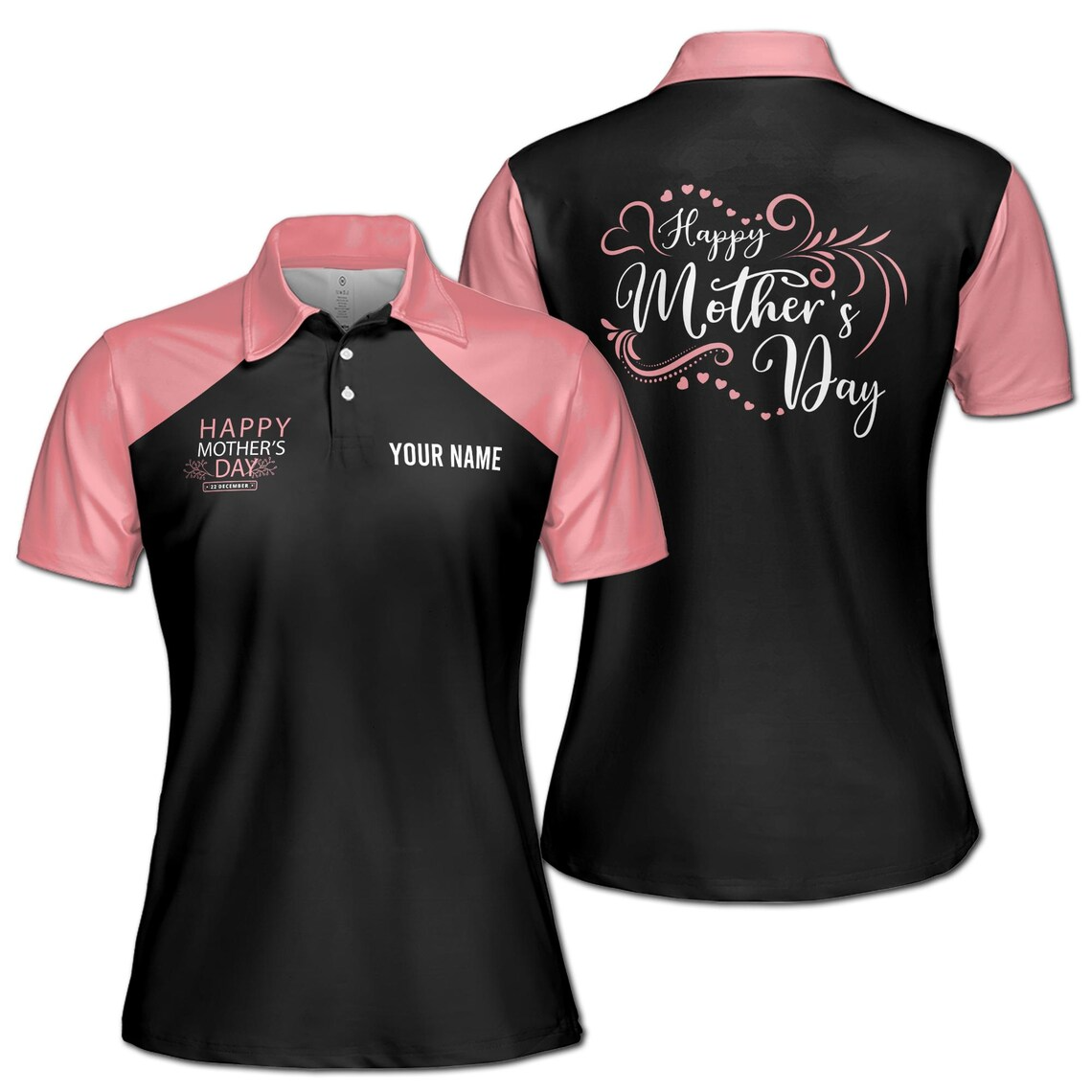 Customize Name Happy Mother Hearts Leaves Pattern Black Pink Women's Polo Shirt (S-5XL)