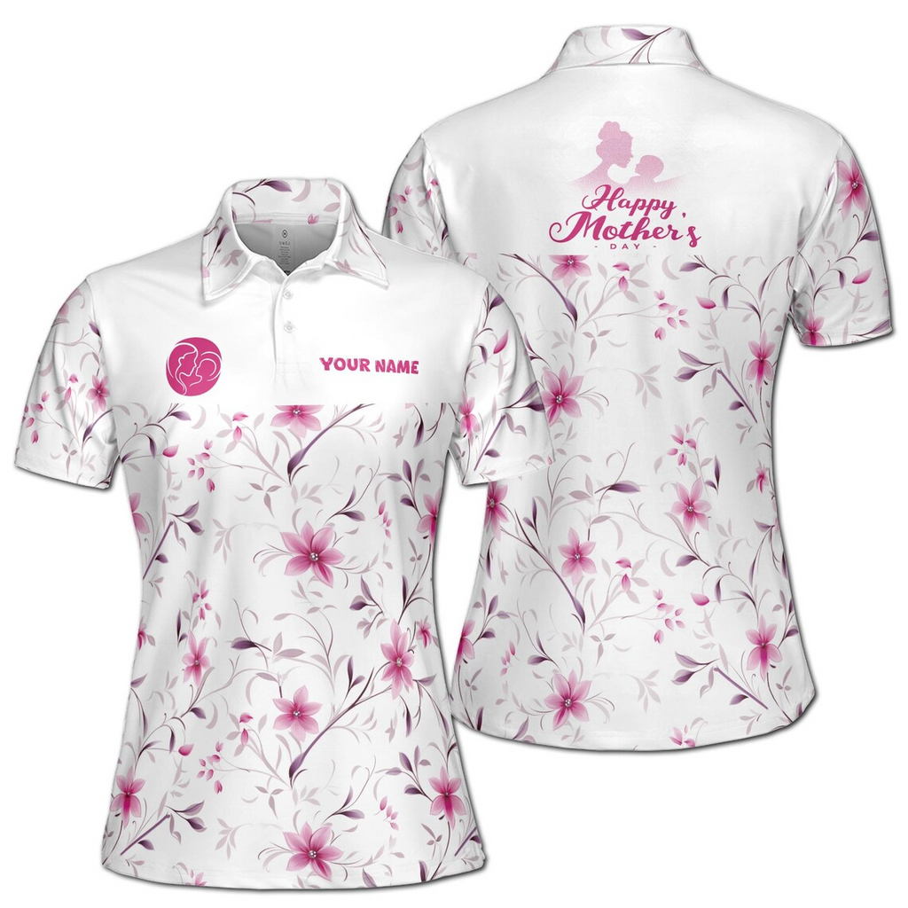 Customize Name Mom And Baby Floral Pattern White Pink Women's Polo Shirt (S-5XL)