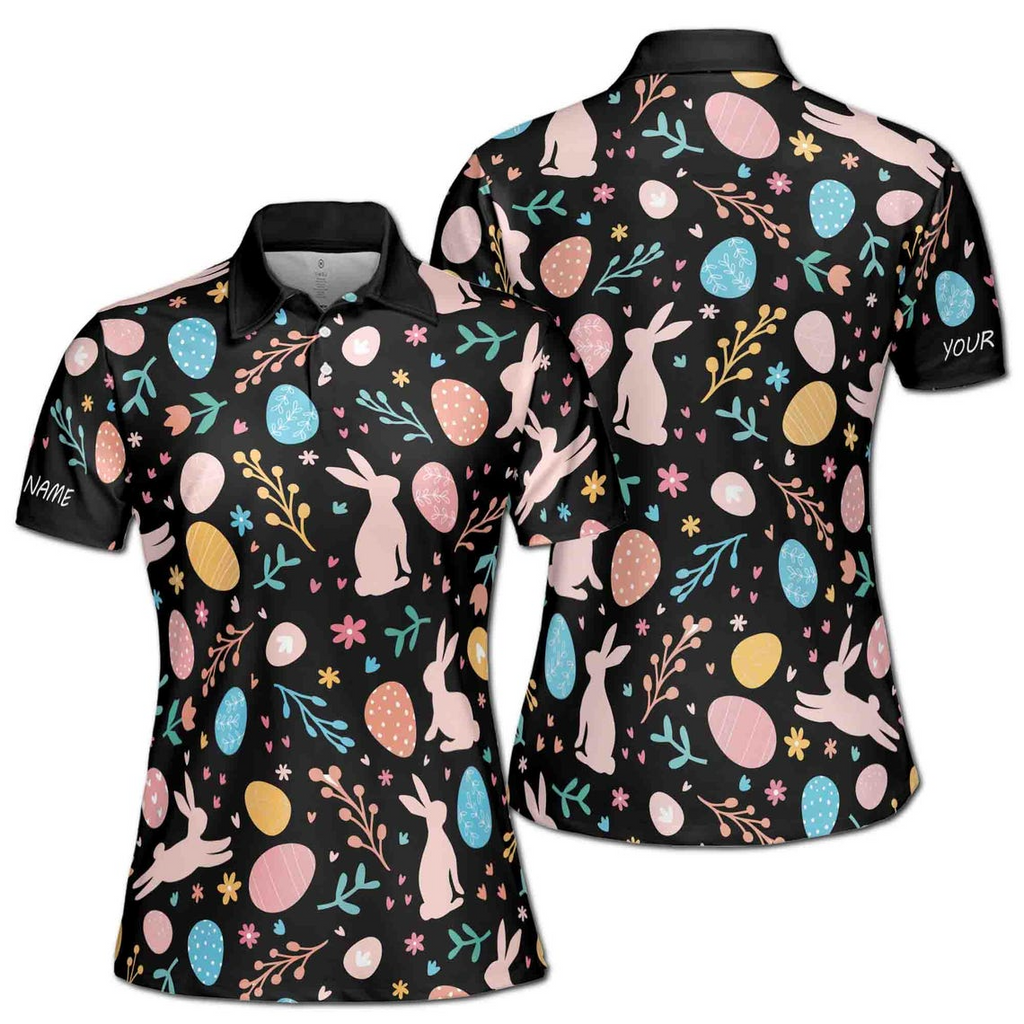 Personalized Easter Polo Shirt, Rabbit & Egg Pattern, Women's Athletic Wear