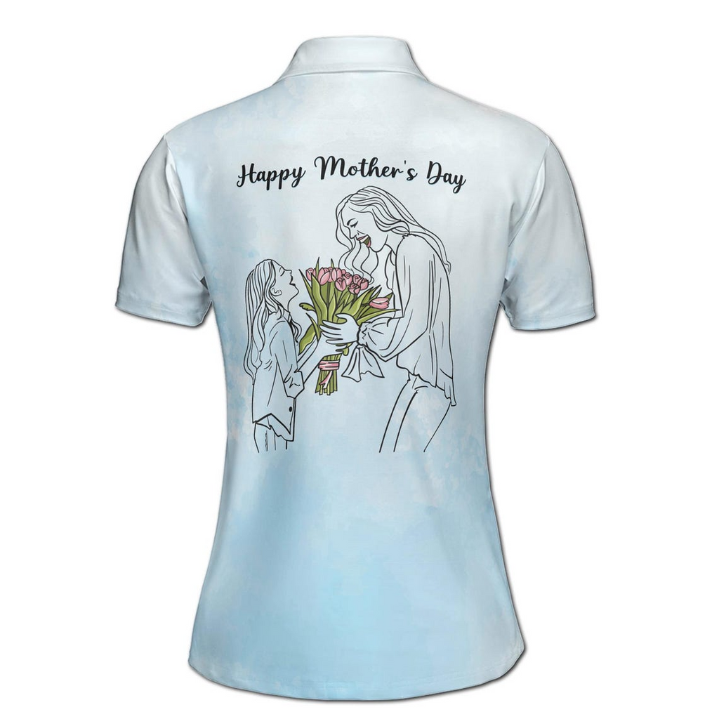 Customize Name Mother Child Flower Bouquet Pattern Blue Women's Polo Shirt (S-5XL)