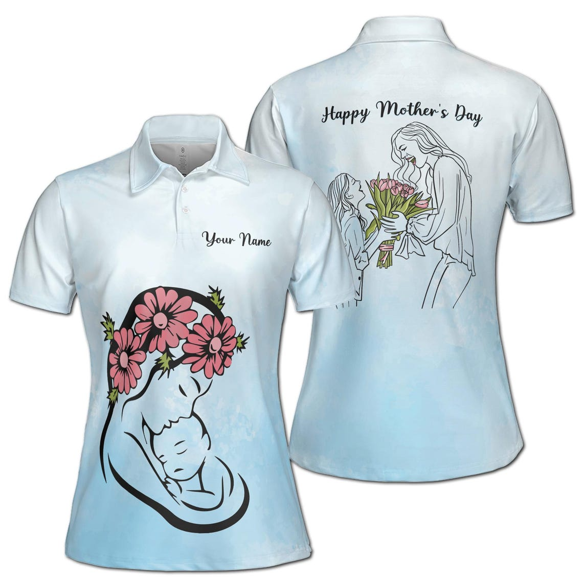Customize Name Mother Child Flower Bouquet Pattern Blue Women's Polo Shirt (S-5XL)