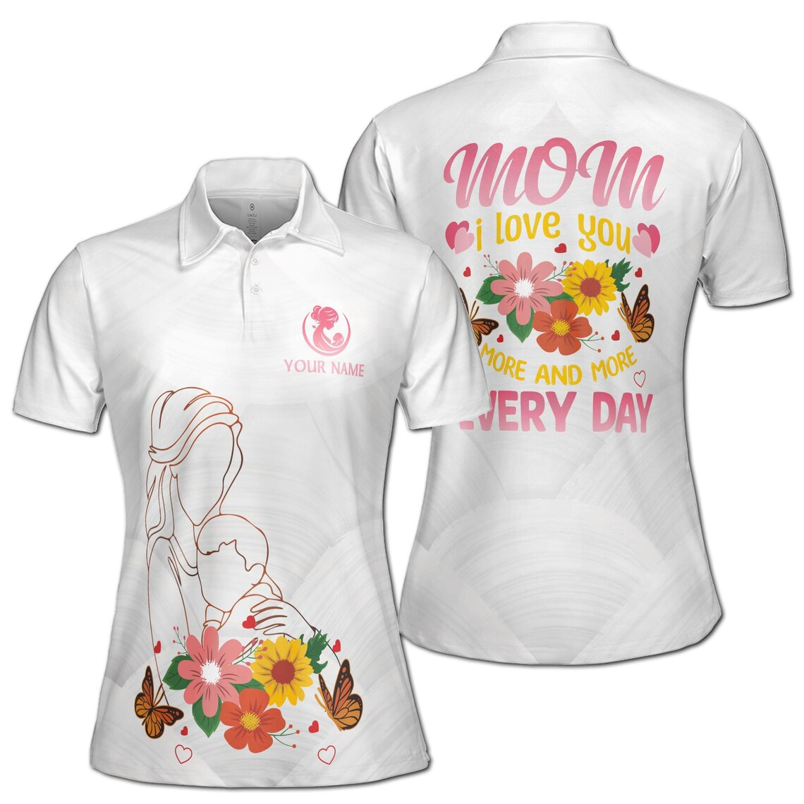 Custom Name Mom Polo Shirt: Mother & Child Floral Design