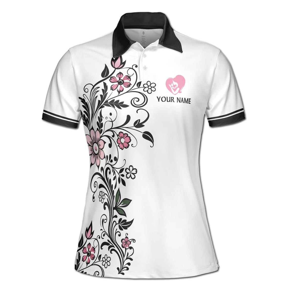 Customize Name Mom And Baby Floral Pattern Black White Women's Polo Shirt (S-5XL)