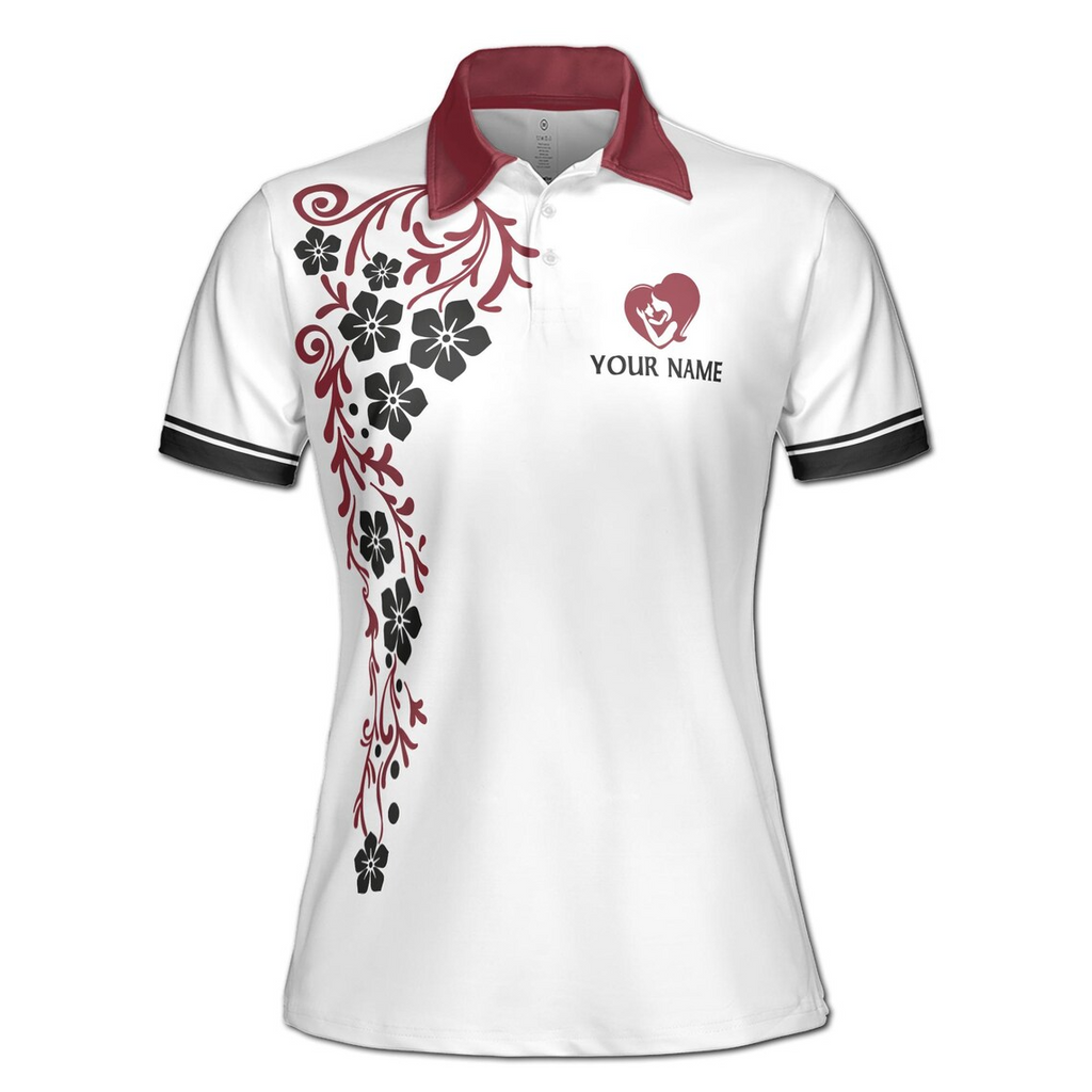 Customize Name Mom And Baby Floral Cascade Pattern White Women's Polo Shirt (S-5XL)