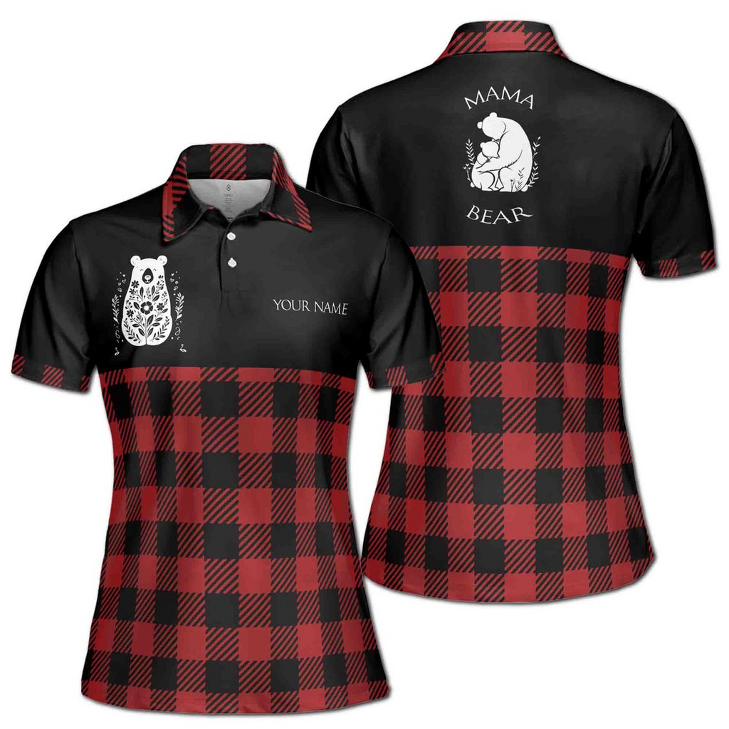 Customize Name Mama Bear Plaid Pattern Black Red Women's Polo Shirt (S-5XL)